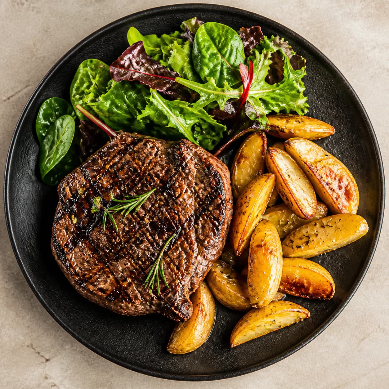 Grilled steak with roasted potatoes and salad on a dark plate